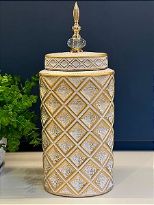Potiche - Cerâmica - Branco e Dourado - 44CM