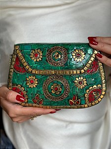 Bolsa Clutch em Metal  - Verde, Dourado e Vermelho - Com Alça