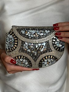 Bolsa Clutch em Metal  - Prata, Madrepérolas e Preto - Com Alça