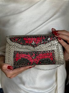Bolsa Clutch em Metal - Vermelho e Prata - Com Alça
