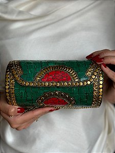 Bolsa Clutch em Metal  - Verde, Vermelho e Doudado - Com Alça