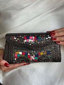 Bolsa Clutch em Metal - Colorido e Grafite - Com Alça