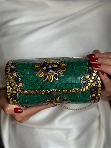 Bolsa Clutch em Metal  - Verde, Azul, Amarelo e Doudado - Com Alça