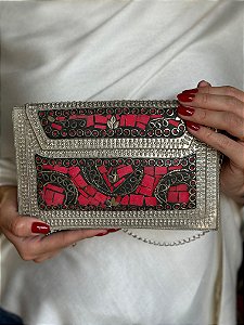 Bolsa Clutch em Metal - Vermelho e Prata - Com Alça
