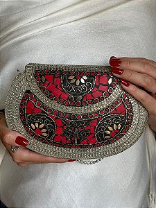 Bolsa Clutch em Metal - Vermelho e Prata - Com Alça