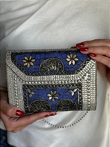 Bolsa Clutch em Metal - Azul e Prata - Com Alça
