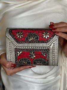 Bolsa Clutch em Metal - Vermelho e Prata - Com Alça