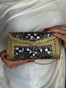 Bolsa Clutch em Metal - Madrepérolas, Dourado e Preto - Com Alça