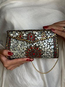 Bolsa Clutch em Metal - Madrepérolas, Vermelho e Dourado- Com Alça