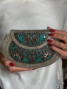 Bolsa Clutch em Metal  - Turquesa e Prata - Com Alça