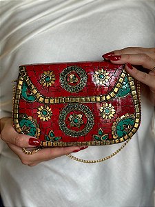 Bolsa Clutch em Metal - Vermelho, Verde e Dourado- Com Alça