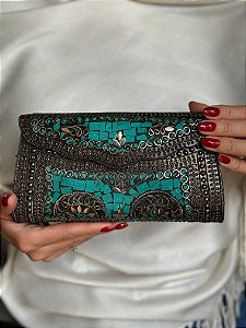 Bolsa Clutch em Metal  - Turquesa e Grafite - Com Alça