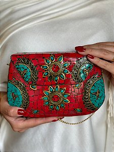 Bolsa Clutch em Metal - Vermelho, Verde e Dourado - Com Alça