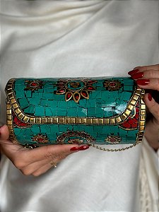 Bolsa Clutch em Metal  - Turquesa, Vermelho e Dourado - Com Alça