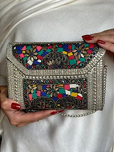 Bolsa Clutch em Metal - Colorida e Prata - Com Alça
