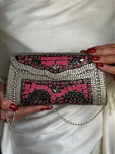 Bolsa Clutch em Metal - Rosa e Prata - Com Alça