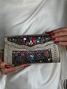 Bolsa Clutch em Metal - Colorida e Prata - Com Alça
