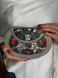 Bolsa Clutch em Metal  - Colorida, Madrepérolas e Prata - Com Alça