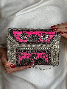 Bolsa Clutch em Metal - Pink e Prata - Com Alça
