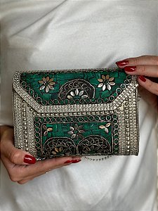 Bolsa Clutch em Metal - Verde e Prata - Com Alça
