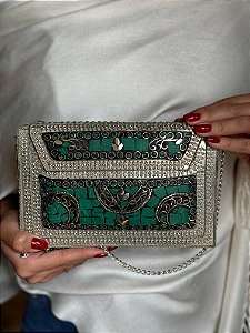 Bolsa Clutch em Metal  - Verde e Prata - Com Alça