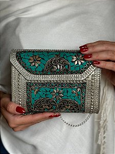 Bolsa Clutch em Metal  - Turquesa e Prata - Com Alça