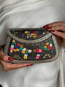 Bolsa Clutch em Metal  - Colorida e Prata - Com Alça