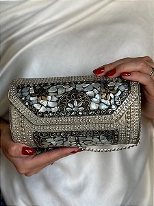 Bolsa Clutch em Metal - Madrepérolas e Prata - Com Alça