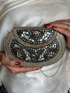 Bolsa Clutch em Metal - Madrepérolas e Prata - Com Alça