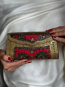 Bolsa Clutch em Metal  - Vermelha e Dourada - Com Alça