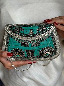 Bolsa Clutch em Metal - Turquesa e Prata - Com Alça