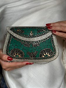 Bolsa Clutch em Metal  - Verde e Prata - Com Alça