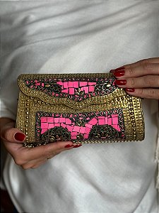 Bolsa Clutch em Metal  - Rosa e Dourado - Com Alça