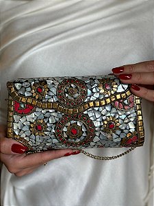 Bolsa Clutch em Metal - Madrepérolas, Vermelho e Dourado- Com Alça