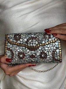 Bolsa Clutch em Metal - Madrepérolas, Vermelho e Dourado - Com Alça