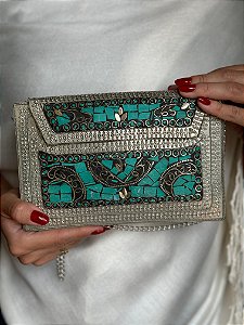 Bolsa Clutch em Metal  - Turquesa e Prata - Com Alça