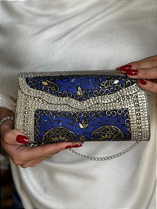 Bolsa Clutch em Metal - Azul e Prata - Com Alça