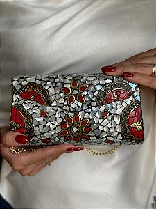 Bolsa Clutch em Metal - Madrepérolas, Vermelho e Dourado - Com Alça