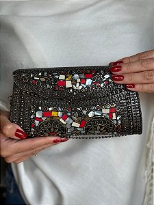 Bolsa Clutch em Metal  - Colorida, Madrepérola e Grafite - Com Alça