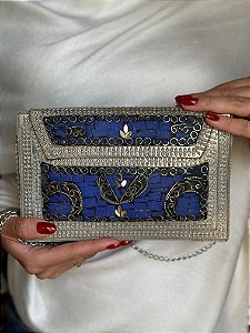 Bolsa Clutch em Metal - Azul e Prata - Com Alça