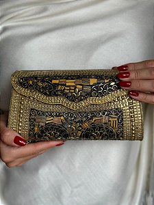 Bolsa Clutch em Metal  - Marrom e Dourado - Com Alça