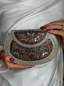 Bolsa Clutch em Metal  - Marrom e Prata - Com Alça