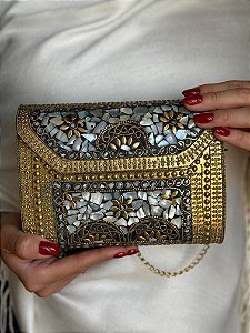 Bolsa Clutch em Metal - Madrepérolas e Dourado - Com Alça