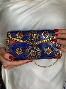 Bolsa Clutch em Metal - Azul, Vermelho e Dourado - Com Alça