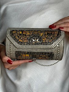 Bolsa Clutch em Metal  - Marrom e Prata - Com Alça