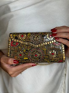 Bolsa Clutch em Metal  - Turquesa e Dourado - Com Alça
