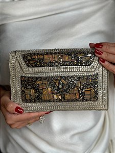 Bolsa Clutch em Metal - Marrom e Prata - Com Alça