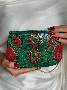 Bolsa Clutch em Metal - Verde, Vermelho e Dourado - Com Alça