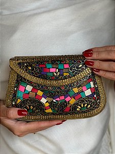 Bolsa Clutch em Metal  - Colorida e Dourado - Com Alça