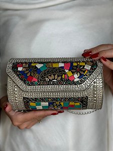Bolsa Clutch em Metal - Colorida e Prata - Com Alça